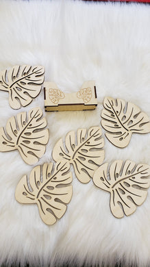 Set of 6 laser cut monstera leaf coasters with holder